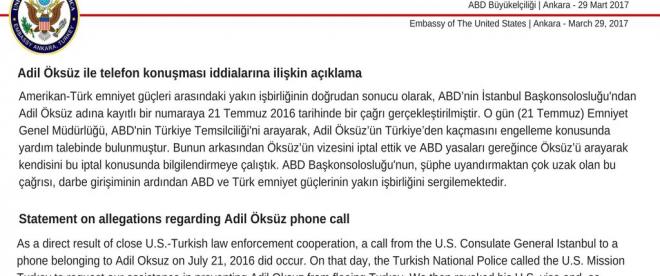 ABD Büyükelçiliği Adil Öksüzün telefonla arandığını kabul etti